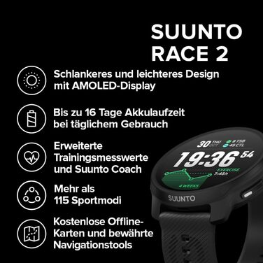 Спортивний GPS-годинник SUUNTO Race 2, яскравий 1,5-дюймовий сенсорний AMOLED-екран, тонший та легший дизайн, 16 днів роботи від батареї, офлайн-карти, точна навігація, понад 115 спортивних режимів, розширені показники тренувань, повністю чорний