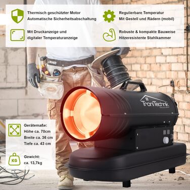Дизельний обігрівач Tronitechnik, дизельний генератор гарячого повітря потужністю 20 кВт, будівельний обігрівач з баком на 19 л, цифровий дисплей температури, захист від перегріву