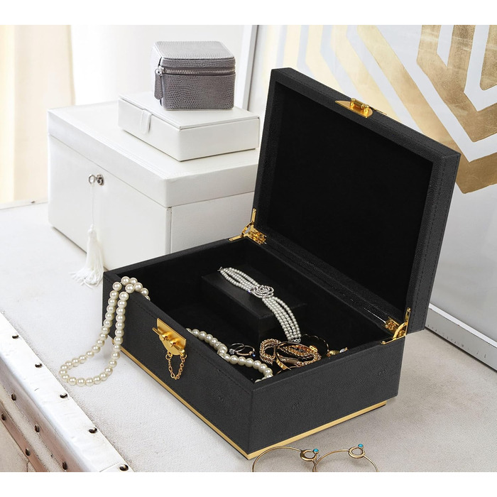 Елегантна декоративна скринька для зберігання зі штучної шкіри HofferRuffer, велика комодна шухляда, органайзер для косметики, класичний органайзер для ювелірних аксесуарів, 27,9 x 20,3 x 12,2 см, чорна
