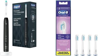 Електрична зубна щітка Oral-B Pulsonic Slim Clean 2000 Звукова, чорна та чутлива щітки для звукових зубних щіток, 4 шт. и, насадка для зубної щітки Oral-B Звукова зубна щітка