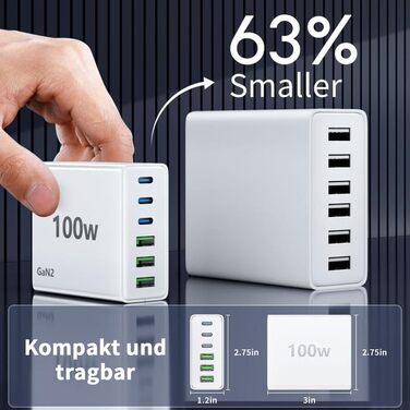 Зарядний пристрій FINIBO USB C Multiple 6-портовий швидкий зарядний пристрій потужністю 100 Вт з USB-C та USB-A, портативний насті