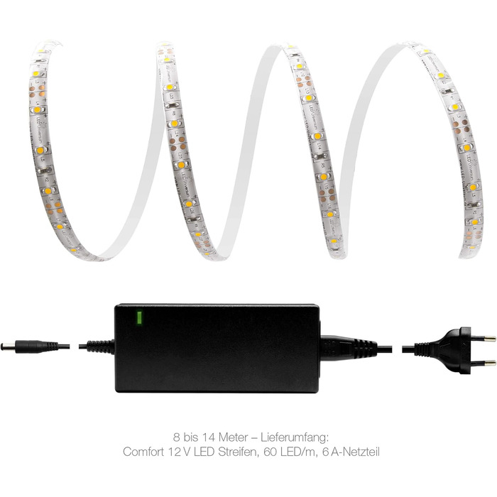 Метрів Comfort LED Strip Set теплий білий, 60 LED/m, IP65, 12V, 3528 SMD, 5Вт/м, 330 лм/м, в т.ч. блок живлення 6А, для вітальні, спальні, балкона, тераси, 10