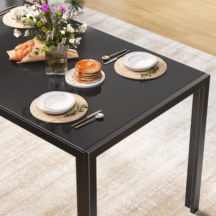 Обідній стіл Bealife із загартованого скла, 130x70x75 см, сучасний кухонний стіл з металевим каркасом, стійкий до подряпин та жаростійкість для кухні, вітальні, їдальні або кавового куточка, домашнього офісу (чорний, 130*70*75) Чорний 130*70*75