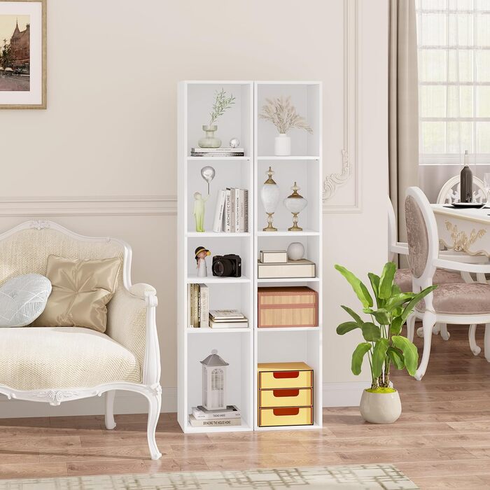 Книжкова полиця WOLTU, відкрита полиця з 5 кубиками, кубічна полиця, роздільник кімнати, полиця для документів, вузька полиця для зберігання, для вітальні, офісу, виготовлена з деревного матеріалу, біла, 30x1526 см, SK034ws 5 полиць (26Г x 30Ш x 151В см) 