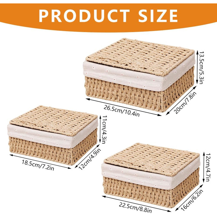 Набір кошиків із 3 предметів з кришками, плетені кошики для зберігання 3 розмірів, плетені кошики з паперової мотузки, підкладка для зберігання у ванних кімнатах, косметики, стільниць та шаф.