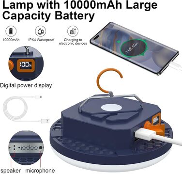 Акумуляторний кемпінговий ліхтар з голосовим керуванням, 10000 мАг, 3000 лм, 4 режими світла, портативне вуличне освітлення з голосовим керуванням, водонепроникні ліхтарі для намету (IPX4).