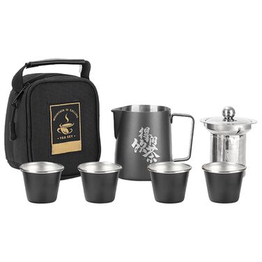 Портативний чайний набір для подорожей нержавіюча сталь, з чашками, дорожньою сумкою, компактний набір для рюкзака, кемпінгу та походів