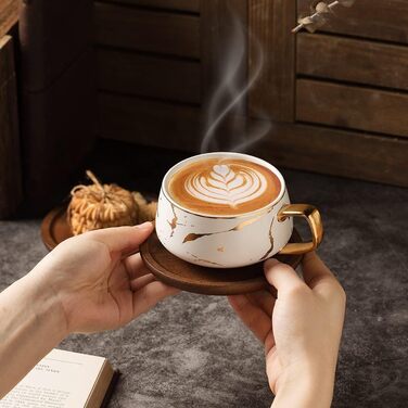 И чашок для еспресо, набір чашок для капучино 300 мл, мармурова кавова чашка з блюдцем, порцеляна, 2 чашки, 2 блюдця, 2 ложки, біл