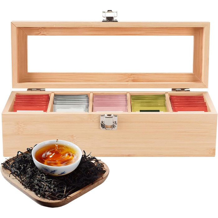 Чайна коробка, чайні коробки для чайних пакетиків, коробка для зберігання чайних пакетиків з 4 регульованими відділеннями та оглядовим віконцем, дерев&39яна чайна коробка, коробки для зберігання чаю з кришкою, 9x30x10 см