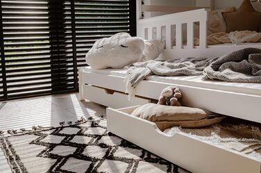 Дитяче колективне ліжко-горище 90x200 з висувним ліжком Двоярусне ліжко з висувною функцією, дві шухляди, решітчастий каркас, захи