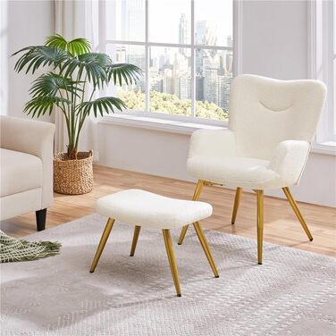 Крісло-крило Yaheetech з пуфом для ніг з тканини букле, реклайнер з підставкою для ніг, шезлонг зі складною спинкою, крісло під телевізор для вітальні/спальні кольору слонової кістки