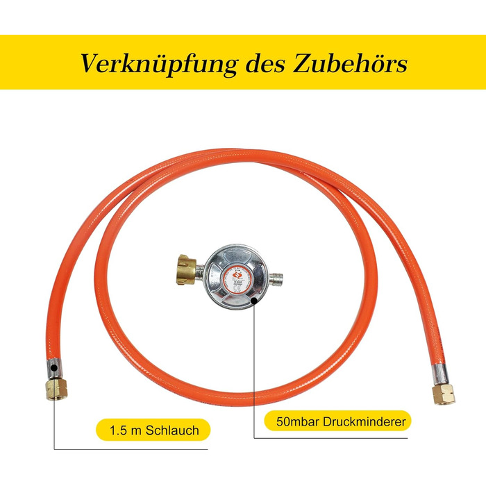 Газова плита BACOENG 10 кВт, 4-нога кемпінгова плита Wok, включаючи шланг 1,5 м та регулятор тиску 50 мбар, 4-нога газова плита для кемпінгу та використання на свіжому повітрі