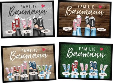 Персоналізований сімейний килимок для дверей до 4 дітей, принт на кросівках, кольори, що налаштовуються, нековзний та миється, чорний, 60x40 см, сімейне взуття, чорний