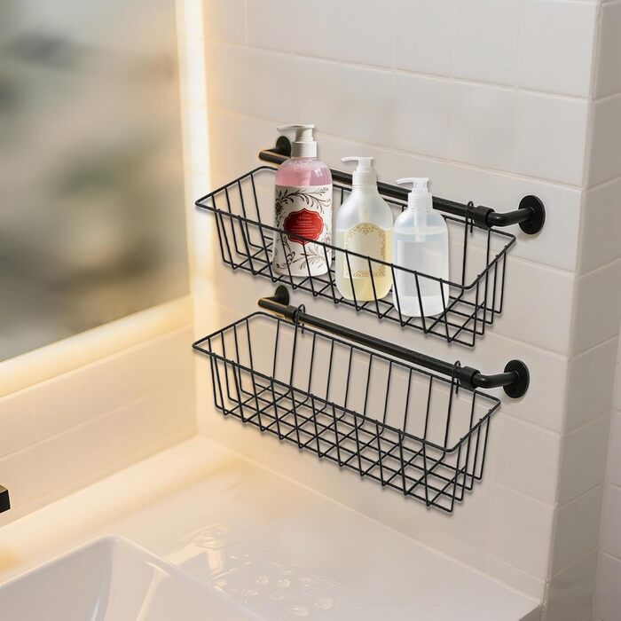 Набір із 6 підвісних дротяних кошиків, 31,5 x 10 x 7,5 см, чорні металеві кошики з гачками для настінних сіток, металеві кошики, дротяні кошики, поличні кошики для стіни