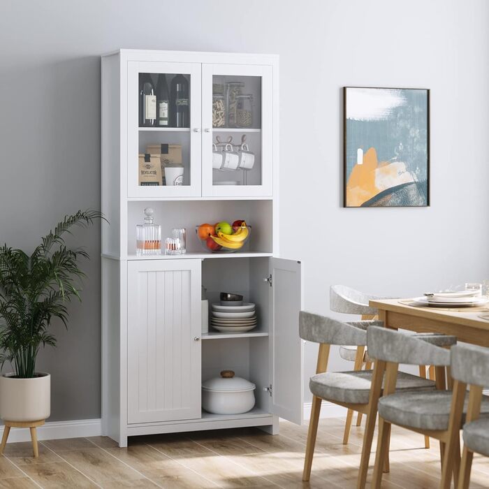 Книжкова шафа-вітрина з дверцятами Висока шафа Вітальня Буфет Їдальня Багатофункціональна шафа Біла 84x32x190 см, 190