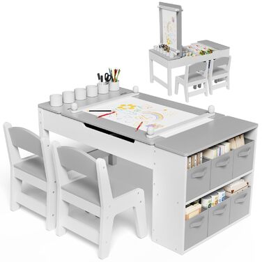 Дитячий стіл MAMIZO з 2 стільцями, дерев&39яний дитячий стіл та комплект стільців, дитячий комплект сидіння з місцем для зберігання та рулоном паперу, стіл для малювання та рукоділля, художній стіл для дітей від 3 років, сірий