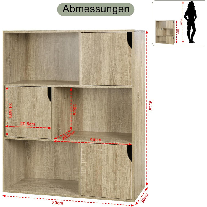Книжкова полиця eSituro, стояча полиця з 3 дверцятами та 9 відділеннями, кубічна полиця, полиця для дитячого офісу, окремостояча полиця для вітальні, спальні, світлий дуб