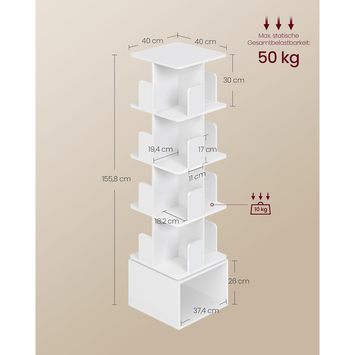 Колекція Custos - Обертова книжкова шафа, 5-ярусна полиця для зберігання, Окремостояча полиця з відкритими відділеннями, 40 x 40 x 155,8 см, для спальні, вітальні, офісу, Хмарно-білий LBC472WB01