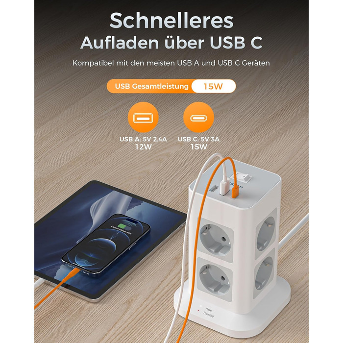 Захист від перенапруги на кілька розеток 3600 Вт 16А, розетка TESSAN 8 відділень USB C з декількома вилками, розетка з подовжуваче