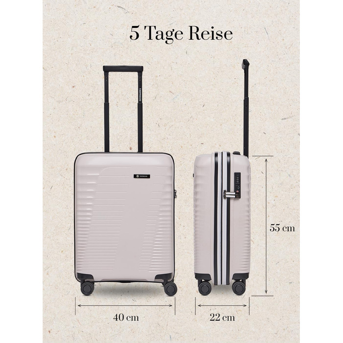 Еко-версія валізи на колесах для ручної поклажі Компактний борт-кейc 40 x 22 x 55 см з розширенням від 44 до 50 літрів Ультралегкий, всього 2,61 кг, бежевий колір