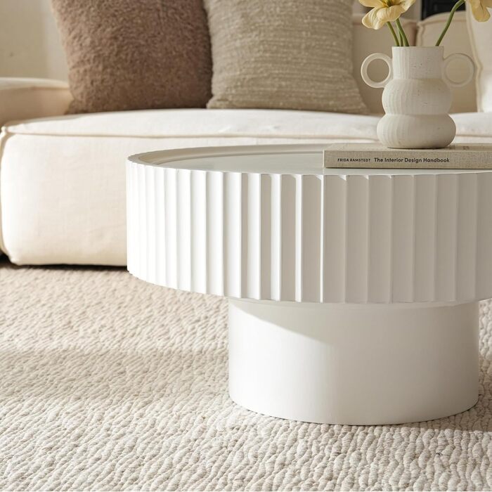 Круглий журнальний столик, круглий стіл для вітальні з ребристим дизайном, журнальний столик у формі гриба розміром 7038 см, журнальний столик з білої сосни для вітальні, спальні та балкону (білий)