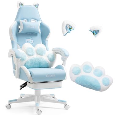 Миле ігрове крісло з поперековою подушкою у формі котячої лапи та котячими вушками, ергономічне ігрове крісло з підставкою для ніг, регульоване ігрове крісло для ПК для дівчаток, підлітків, дітей, синього кольору
