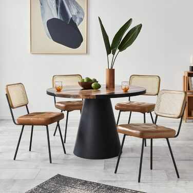 Обідні стільці Zouron з ротанга, комплект з 2 шт. , коричнева штучна шкіра - сучасні обідні стільці середини століття з трубчастими спинками, оббиті штучною шкірою, кухонний стілець з ротанга та тростини без підлокітників з чорними металевими ніжками