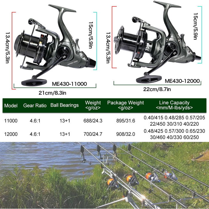 Котушки для лову коропа Sougayilang ME430, котушки для серфінгу/лову коропа великої місткості 11000/12000, 131BB, плавні, високопродуктивні котушки для лову коропа, передавальне число 4,61 для солоної та прісної води
