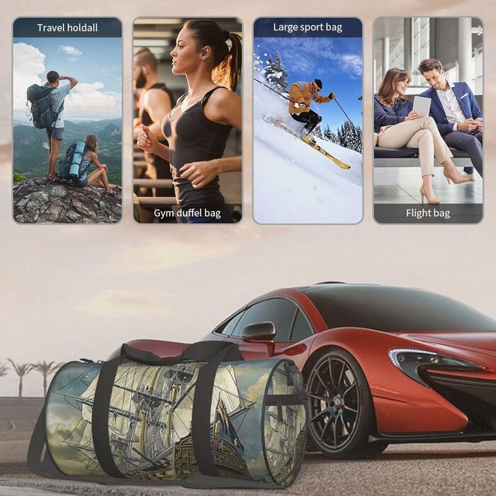 Спортивна сумка для подорожей Епоха відкриттів, з принтом корабля, чорна, універсальний розмір