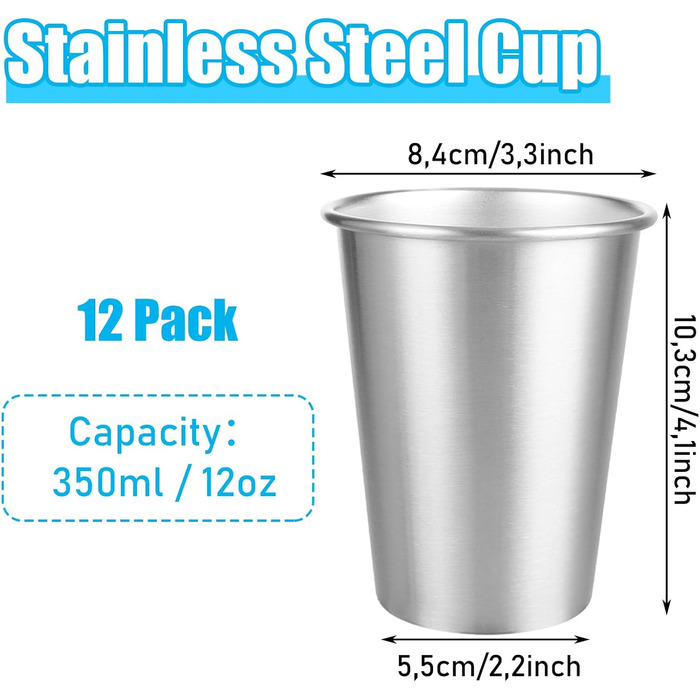Набір з 12 чашок з нержавіючої сталі, чашки для пиття з нержавіючої сталі об&39ємом 350 мл, дитячі чашки з нержавіючої сталі розміром 84 x 103 мм, металеві чашки, чарки
