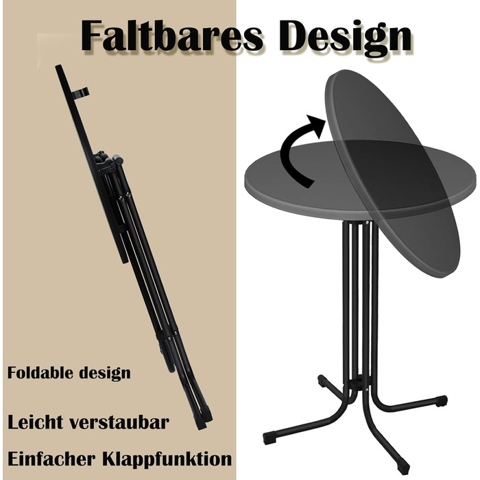 Складаний стоячий стіл, стіл для бістро, Ø 80 см, круглий, садовий стіл для приміщень/вулиці, стіл для вечірок для заходів, барів, клубів або ресторанів (чорний)