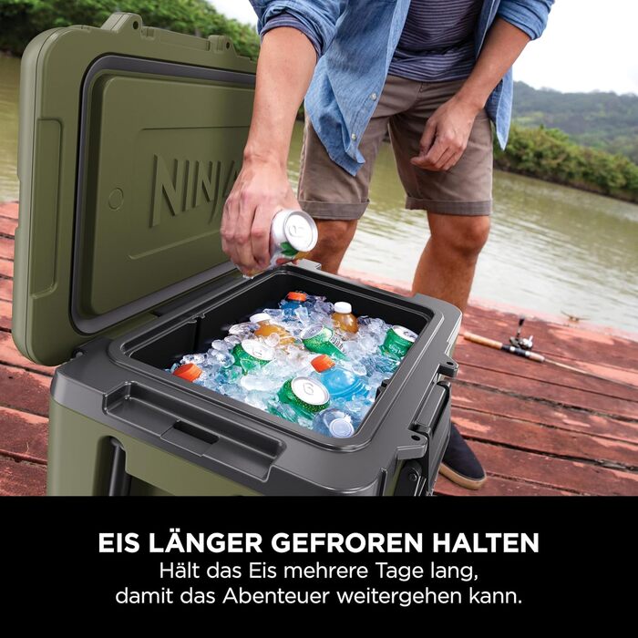 Холодильник Ninja FrostVault з колесами та ізоляцією, з пляшкою Ninja Thirti та пакетом з льодом, вбудованою шухлядою сухої зони для зберігання за температури холодильника, оливково-зелений, FB245AMZEUUKGN 42 л зелений