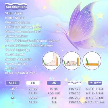 Дитячі роликові ковзани Nattork для дівчаток та хлопчиків, 4 розміри з регулюванням, чотириколісні роликові ковзани з мотивом метелика та квітки, подарунок на день народження для занять спортом у приміщенні та на вулиці, розмір S (EU 27-31), фіолетовий