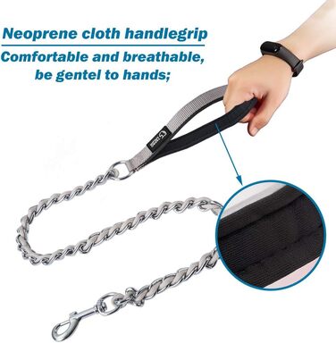 Ланцюговий повідок для собак Tspro, міцний проти укусів, з м'якою ручкою, металевий ланцюг для середніх та великих собак, з D-кільцем з нержавіючої сталі, анти-гризучий, сірий (3 мм, 110 см)