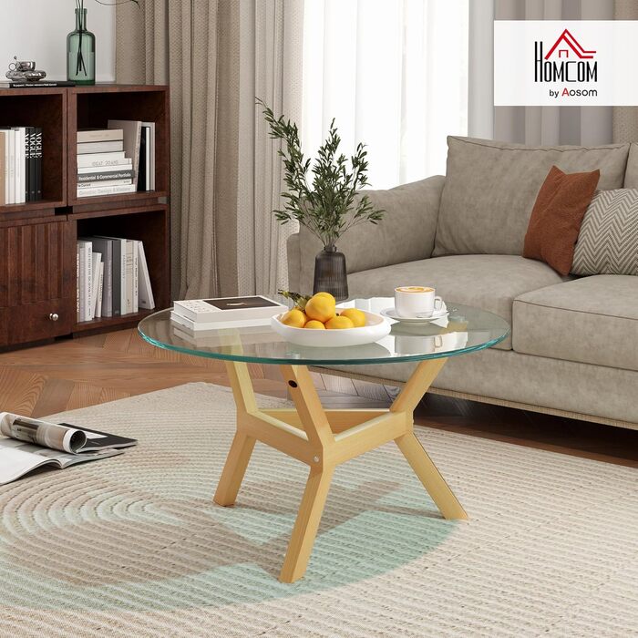 Журнальний столик HOMCOM із загартованого скла, стіл для вітальні з регульованими подушками для ніг та сталевим каркасом, круглий бічний столик для вітальні, прозорий, Ø80 x 45 см