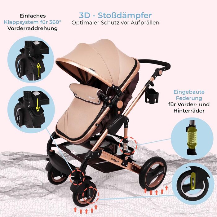 Коляска Daliya Bambimo 2в1 - комплект з 9 предметів, включаючи люльку та спортивне сидіння/прогулянковий блок - система 1 клік / а