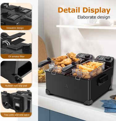 Велика подвійна фритюрниця Aigostar з 2 кошиками, 6-літрова фритюрниця з функцією холодної зони, 3600 Вт, оглядове вікно, регульований рівень нагріву до 190C, міцна та проста в догляді, чорна