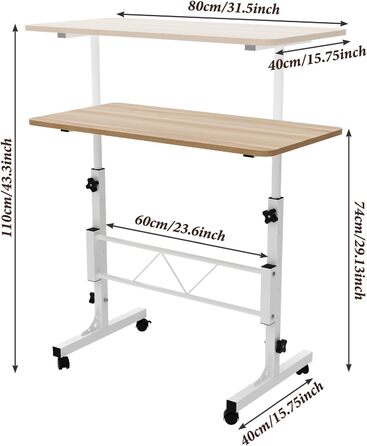 Невеликий письмовий стіл, регульована висота 75-110 см, компактний стіл для роботи стоячи для невеликих приміщень, стіл для ноутбука для домашнього офісу та вітальні (клен 80 x 40 x 110 см)