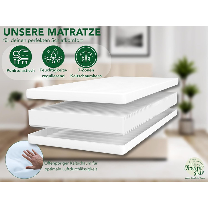 Матрац DREAMSTAR Simple Flex Duo 7-зонний 140x200 см H2&H3 Ергономічний матрац з холодної піни Гіпоалергенний та антибактеріальний Знімний та пральний чохол Oeko-Tex (17 см, 140 x 200 см) 140 x 200 см 17 см