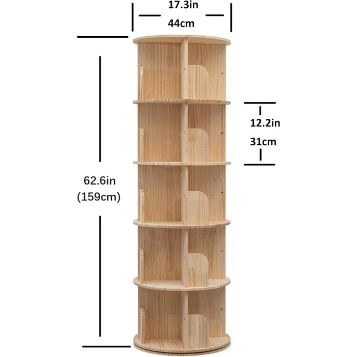 Обертова книжкова полиця Heehee з масиву дерева, дисплей на 360 градусів, підлогова книжкова полиця, полиця для зберігання для дітей та дорослих, багатофункціональний органайзер (5 рівнів)