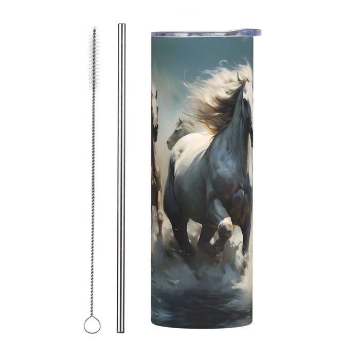 Кухоль з прямою трубочкою, дизайн коні, що біжать по річці, друкований, підходить для кемпінгу, офісу та дому, 590 мл