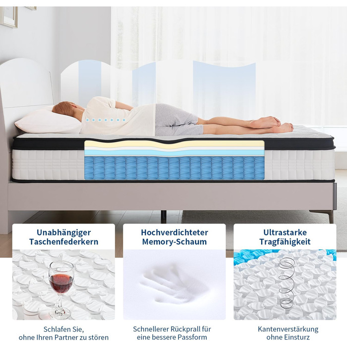 Матрац 140x200 см, висота 24 см, середньої жорсткості (H3/H4), ортопедичний 7-зонний пружинний матрац 140x200 з комфортною піною, сертифікований Oeko-Tex, 480 пружин кишенькового типу на 2 м, 140x200x24 см