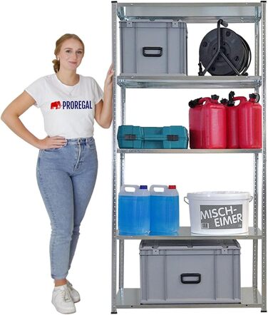 Безригельний стелаж PROREGAL Haldor з металевими полицями, 180 x 90 x 40 см (В x Ш x Г), 5 рівнів, вантажопідйомність полиць 100 кг, оцинкована сталь, металевий стелаж, кухонний стелаж, стелаж для підвалу, стелаж для гаража, стелаж для зберігання, 180 x 9