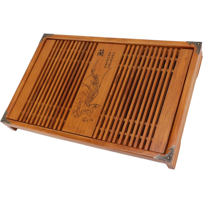 Піднос для чайної церемонії Гунфу, дерев'яний, з великим резервуаром для води та орхідеями, для чайної церемонії Гунфу, 28 x 43 см