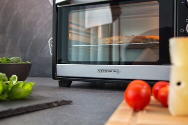 Міні-піч STEInBORG 25 літрів Піч для піци Духова шафа 3в1 Міні піч Міні-піч Лоток для крихт Верхній/нижній нагрів Конвекція 60 хв. Таймер 1 600 Вт (25 літрів нержавіюча сталь)
