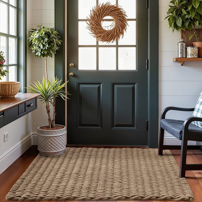 Килимок для бруду DEXI 60 x 90 см, нековзний килимок для дверей з натурального джутового волокна, водовідштовхувальний килимок для використання всередині та зовні приміщень, вхід, тераса, балкон, коричневий 60 x 90 см коричневий