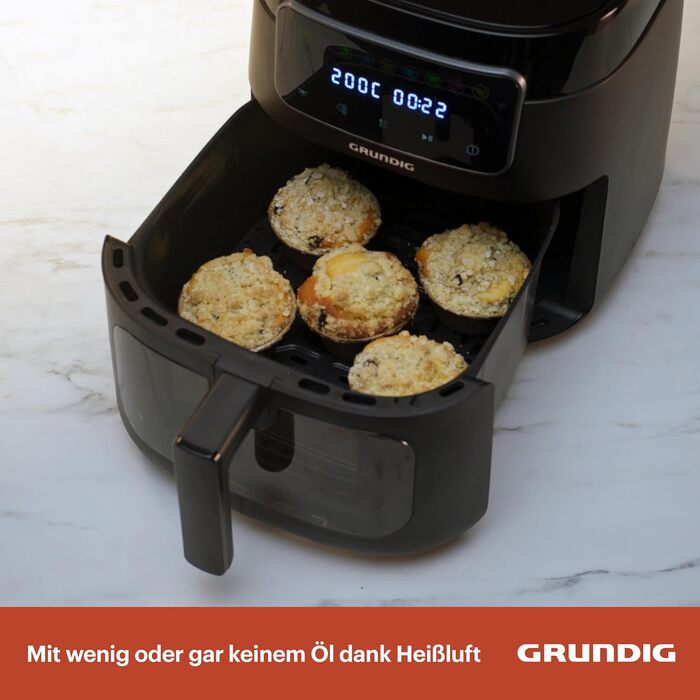 Фритюрниця Grundig FRY 7320, ємність 7,6 л, 1750 Вт, сенсорний дисплей, велике оглядове вікно, налаштування температури та часу, антипригарне покриття, кошик, який можна мити в посудомийній машині, чорний