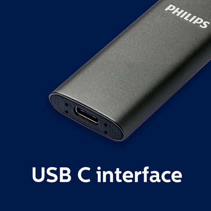 Зовнішній портативний SSD-накопичувач Philips на 250 ГБ - ультратонкий SATA Ultra Speed USB-C, швидкість читання до 540 МБ/с, алюміній