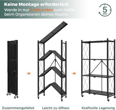 Складана полиця DEANIC, книжкова шафа на 4 полиці, кухонні полиці на колесах, металева полиця для вітальні, комора (61 x 116 x 28 см, чорна) чорна, 4 яруси