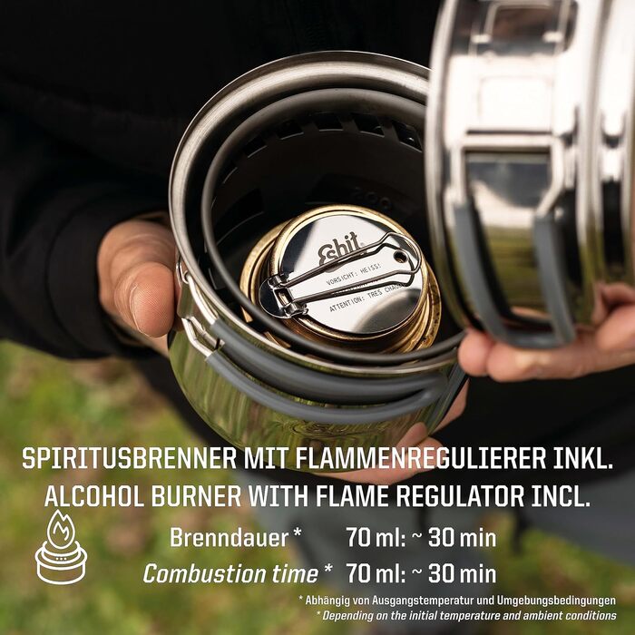 Набір для приготування їжі Esbit Spirituskochset великий та малий казани (985 мл та 470 мл) пальник для спирту похідний плитовий комплект з нержавіючої сталі, 985 мл